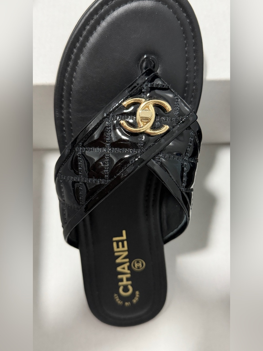 CHANEL Black Quilted Patent Leather Slide Sandals - Picture 7 of 12